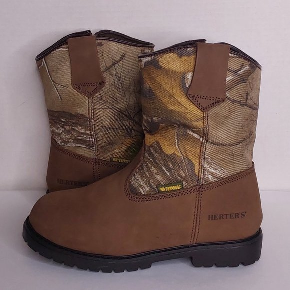 'HERTER'S' LEATHER HUNT BOOTS MOISTURE-WICK CAMO 'REALTREE`EXTRA PULL-ON YOUTH - Picture 6 of 16
